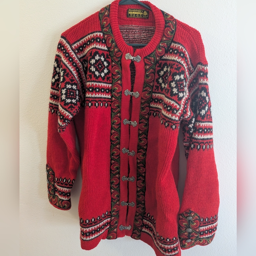 Red Patterned Cardigan Sweater